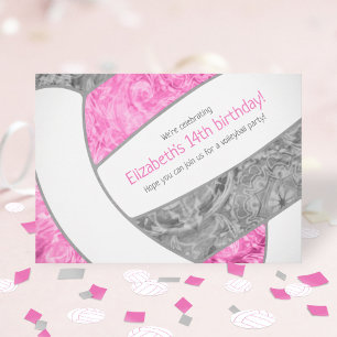 pink grey girly volleyball birthday party invitation