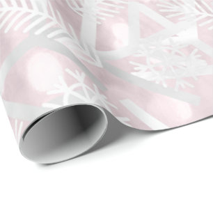 Pink Grey Glitter Christmas Holiday Snowflake Joy Wrapping Paper