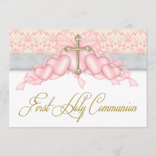 Pink Grey Gold Cross Girls Pink First Communion Invitation