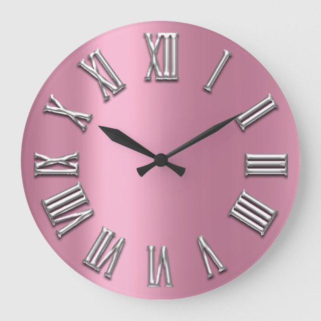 Pink Grey Grey Metal Grey Silver Roman Number Large Clock (Front)