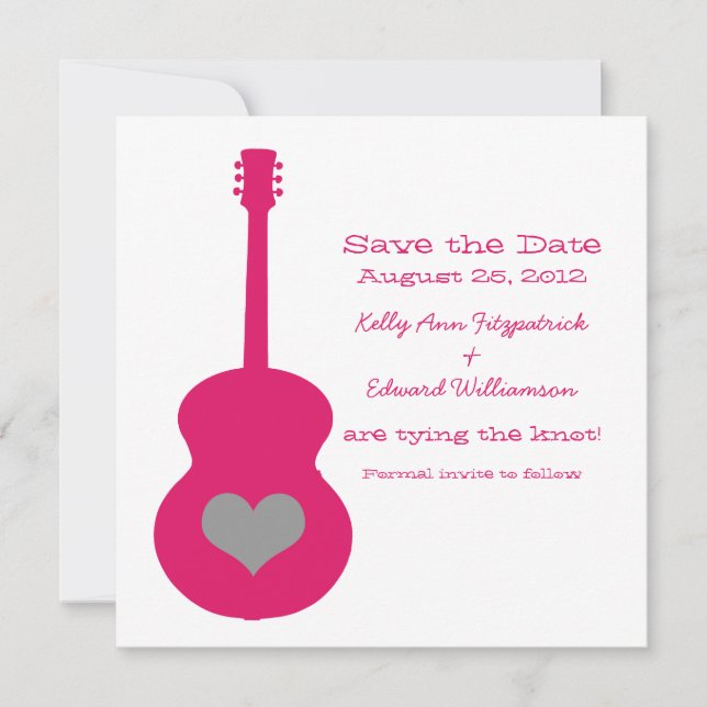 Pink/Grey Guitar Heart Save the Date Invite (Front)