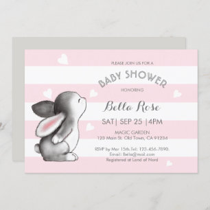 Pink Grey Heart Bunny Baby Shower Invitations