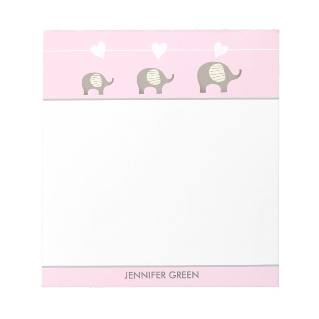 Pink Grey Heart Elephant Personalised Notepad (Front)