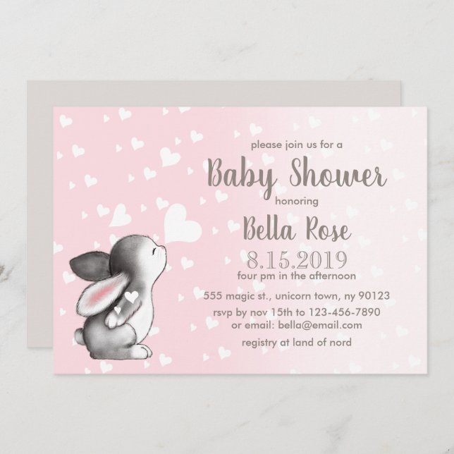 Pink Grey Hearts Bunny Baby Shower Invitations (Front/Back)