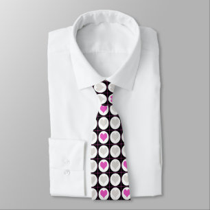 Pink & Grey Hearts on Black & White Check Dots Tie