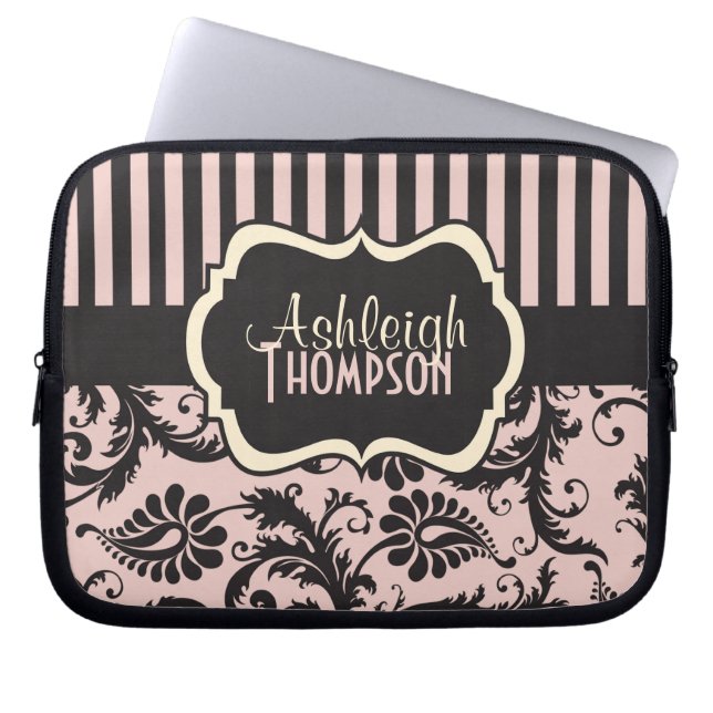 Pink Grey Ivory Polka Dots Striped Laptop Sleeve (Front)