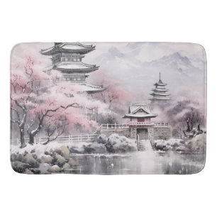 Pink Grey Japanese Sakura Blossoms Pagoda Bath Mat