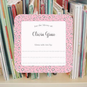 Pink Grey Leopard frame with name 2 bookplate Square Sticker