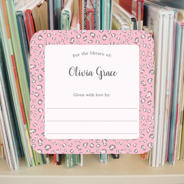 Pink Grey Leopard frame with name 2 bookplate  Square Sticker (Creator Uploaded)