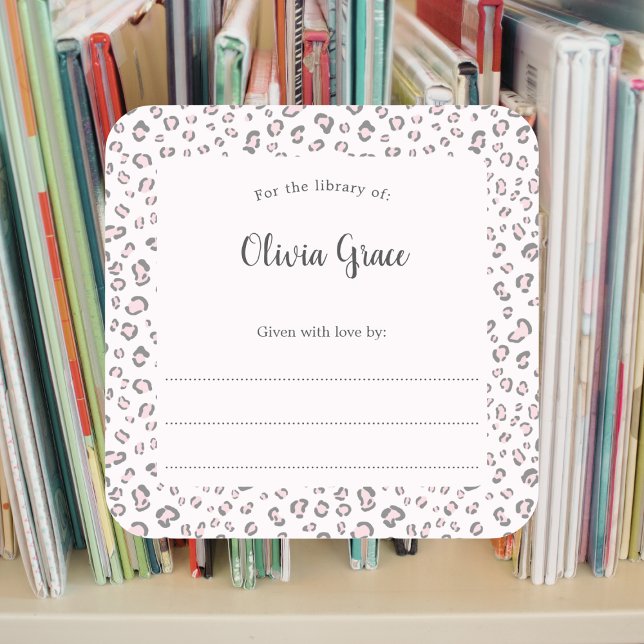 Pink Grey Leopard frame with name bookplate  Square Sticker (Creator Uploaded)