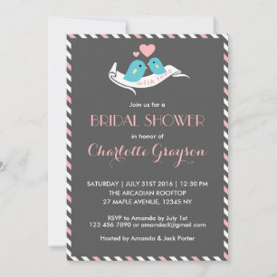 Pink Grey Love Birds Bridal Shower Invitation