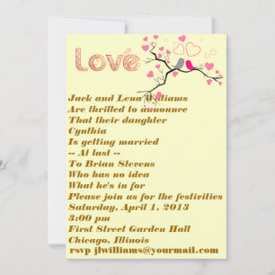 Pink, Grey Lovebirds & Hearts Wedding Invitation
