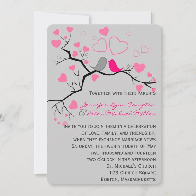Pink, Grey Lovebirds & Hearts Wedding Invitation (Front)