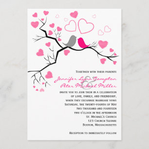 Pink, Grey Lovebirds & Hearts Wedding Invitation