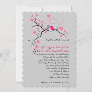Pink, Grey Lovebirds & Hearts Wedding Invitation
