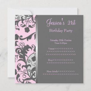 Pink Grey Metallic Floral Birthday Party Invitation
