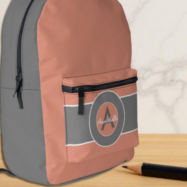 Pink Grey Monogram Personalised Printed Backpack (Creator Uploaded)