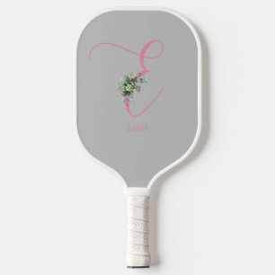 Pink grey monogram watercolor flower grey pickleball paddle