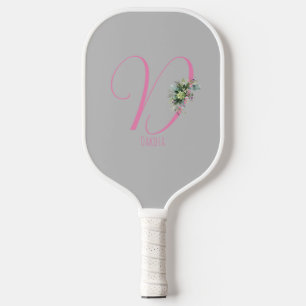 Pink grey monogram watercolor flower grey pickleball paddle