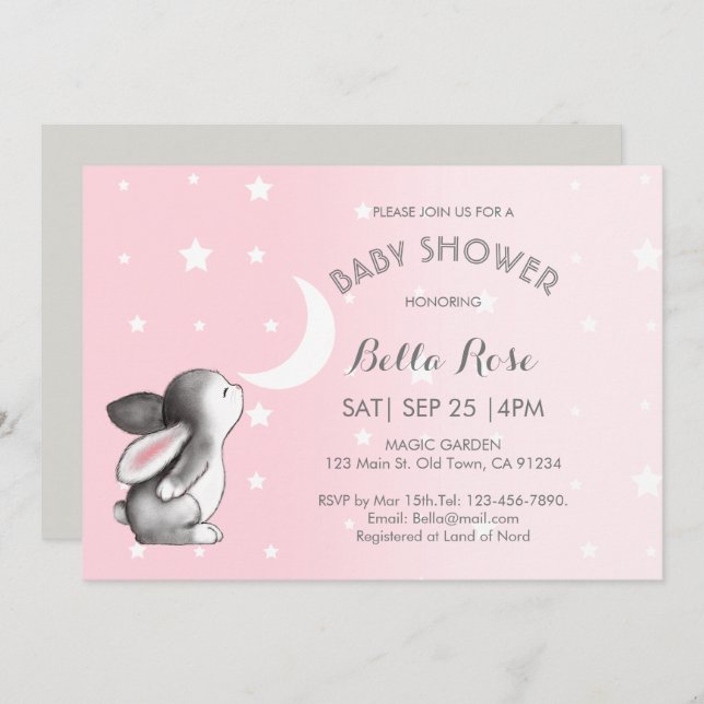 Pink Grey Moon Stars Bunny Baby Shower Invitations (Front/Back)