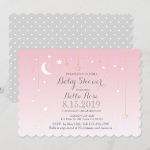 Pink Grey Moon Stars Girl Baby Shower Invite