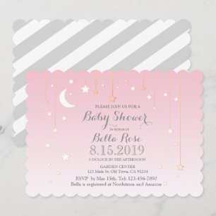 Pink Grey Moon Stars Girl Baby Shower Invite