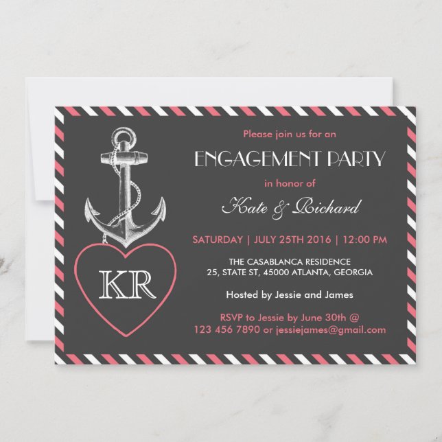 Pink Grey Nautical Anchor Engagement Party Invite (Front)