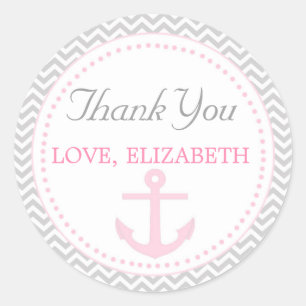 Pink Grey Nautical Anchor Round Thank You Sticker