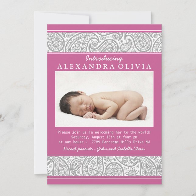 Pink Grey Paisley Photo Sip N See Baby Shower Invitation (Front)