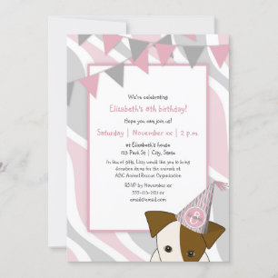 pink grey party puppy peeking girl's birthday invitation