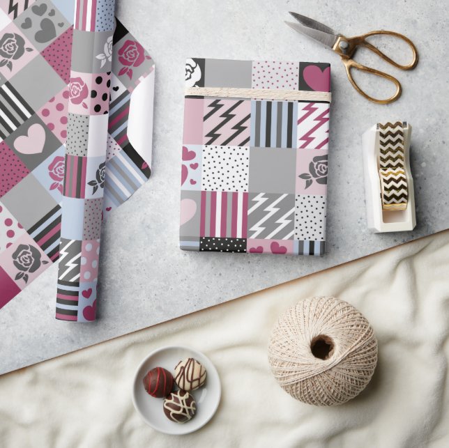 Pink & Grey Patchwork Hearts Wrapping Paper (Crafts)