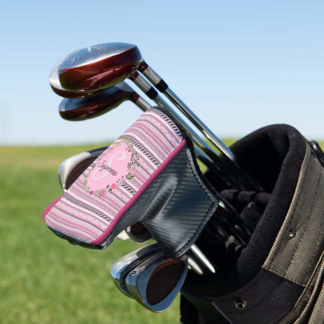 Pink & Grey Pattern Stripes, Flowers, Personalised Golf Head Cover (In Situ)