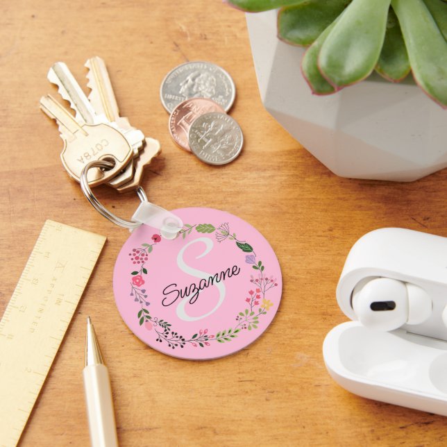 Pink & Grey Pattern Stripes, Flowers, Personalised Key Ring (Desk)