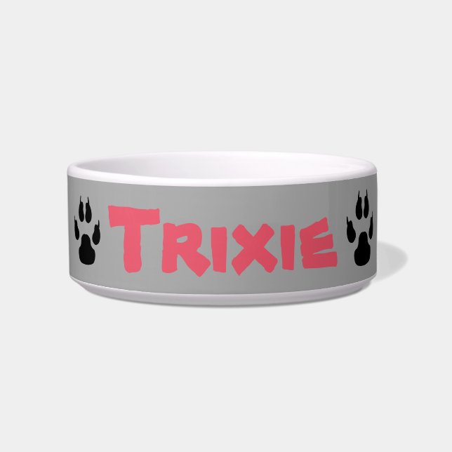 Pink Grey Paw Prints Personalised Dog Bowl (Front)