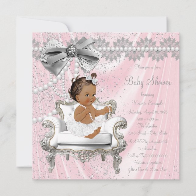 Pink Grey Pearl Chair Ethnic Girl Baby Shower Invitation (Front)