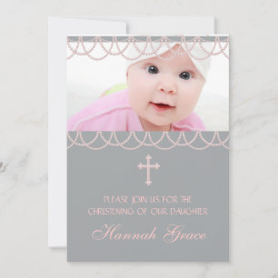 Pink Grey Pearl Cross Baby Girl Photo Christening Invitation