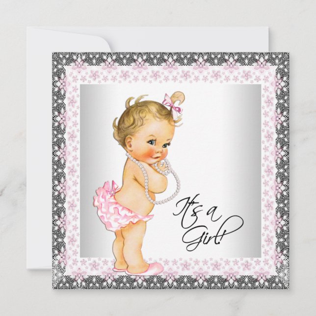 Pink Grey Pearl Vintage Baby Girl Shower Invitation (Front)