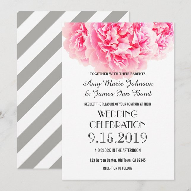 Pink Grey Peony Wedding invitations (Front/Back)