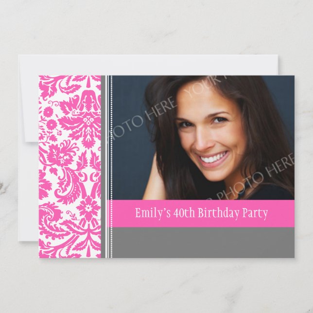 Pink Grey Photo 40th Birthday Party Invitation (Front)