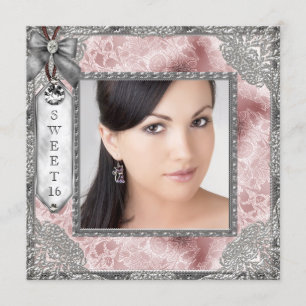 Pink Grey Photo Sweet 16 Birthday Party Invitation