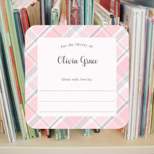 Pink Grey Plaid frame with name bookplate  Square Sticker