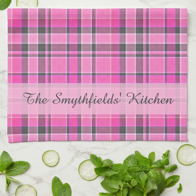 Pink Grey Plaid Tartan Personalised Tea Towel (Folded)