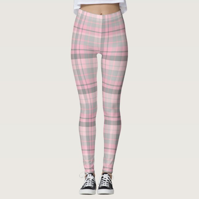Pink Grey Plaid Women Leggings (Front)