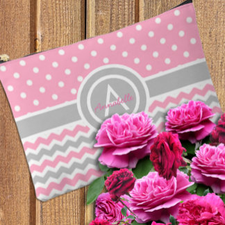 Pink Grey Polka Dot Chevron Accessory Pouch