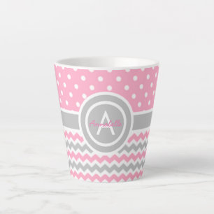 Pink Grey Polka Dot Chevron Latte Mug
