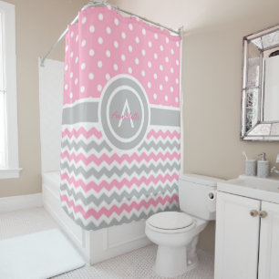 Pink Grey Polka Dot Chevron Shower Curtain