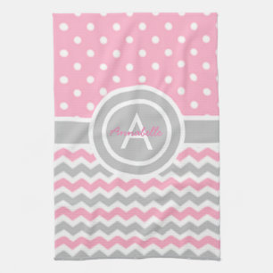 Pink Grey Polka Dot Chevron Tea Towel