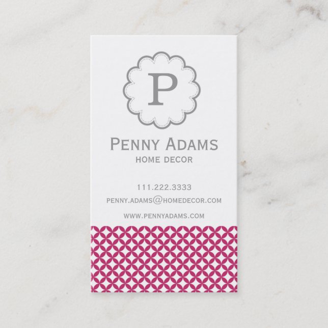 Pink & Grey Polka Dot Monogram Business Card (Front)