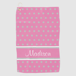Pink Grey Polka Dot Stripes Script Name Golf Towel