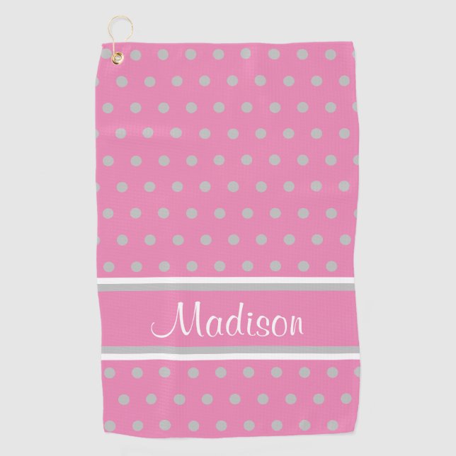 Pink Grey Polka Dot Stripes Script Name Golf Towel (Front)